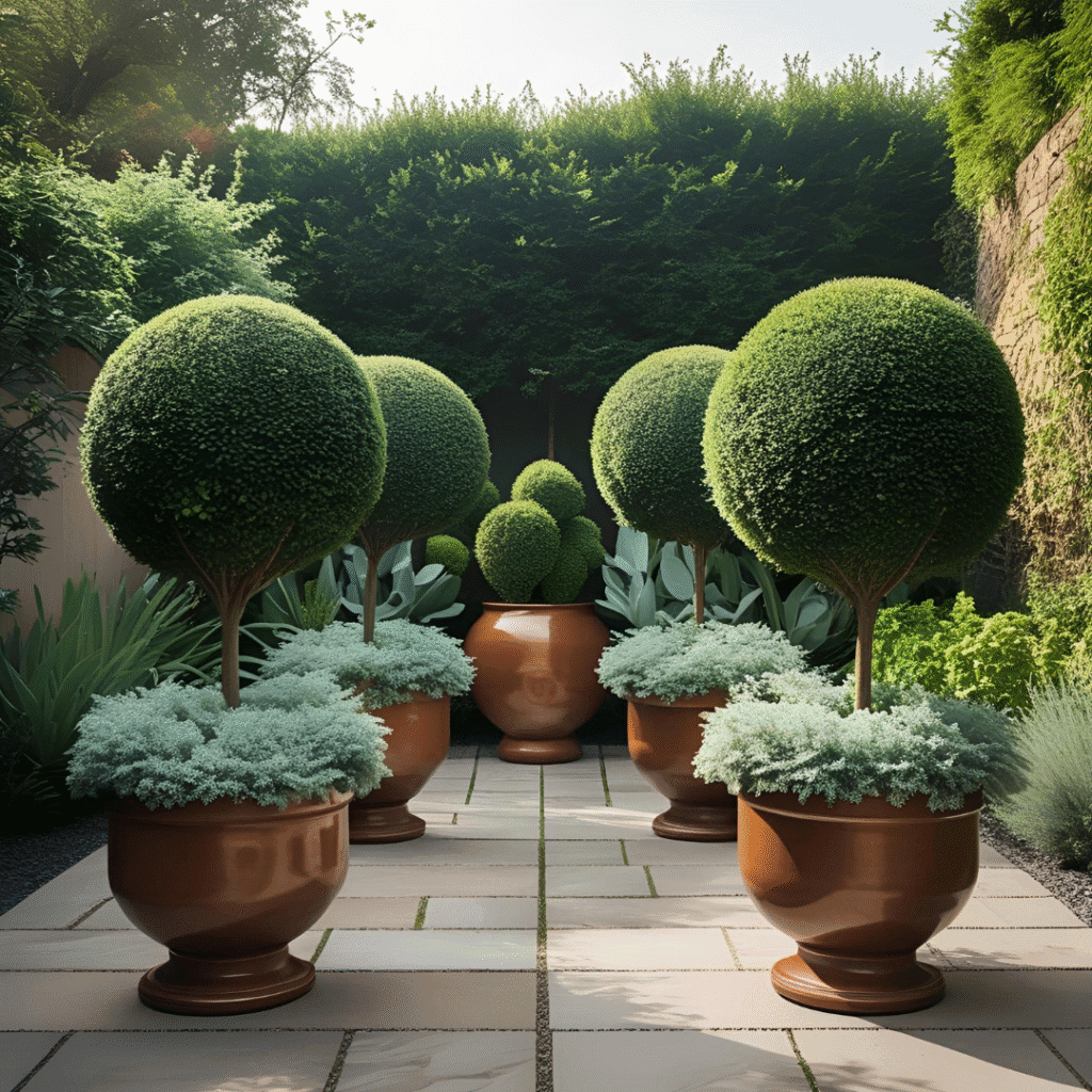 Árboles esféricos, macetas de cerámica y pavimento, creando un ambiente moderno y elegante.