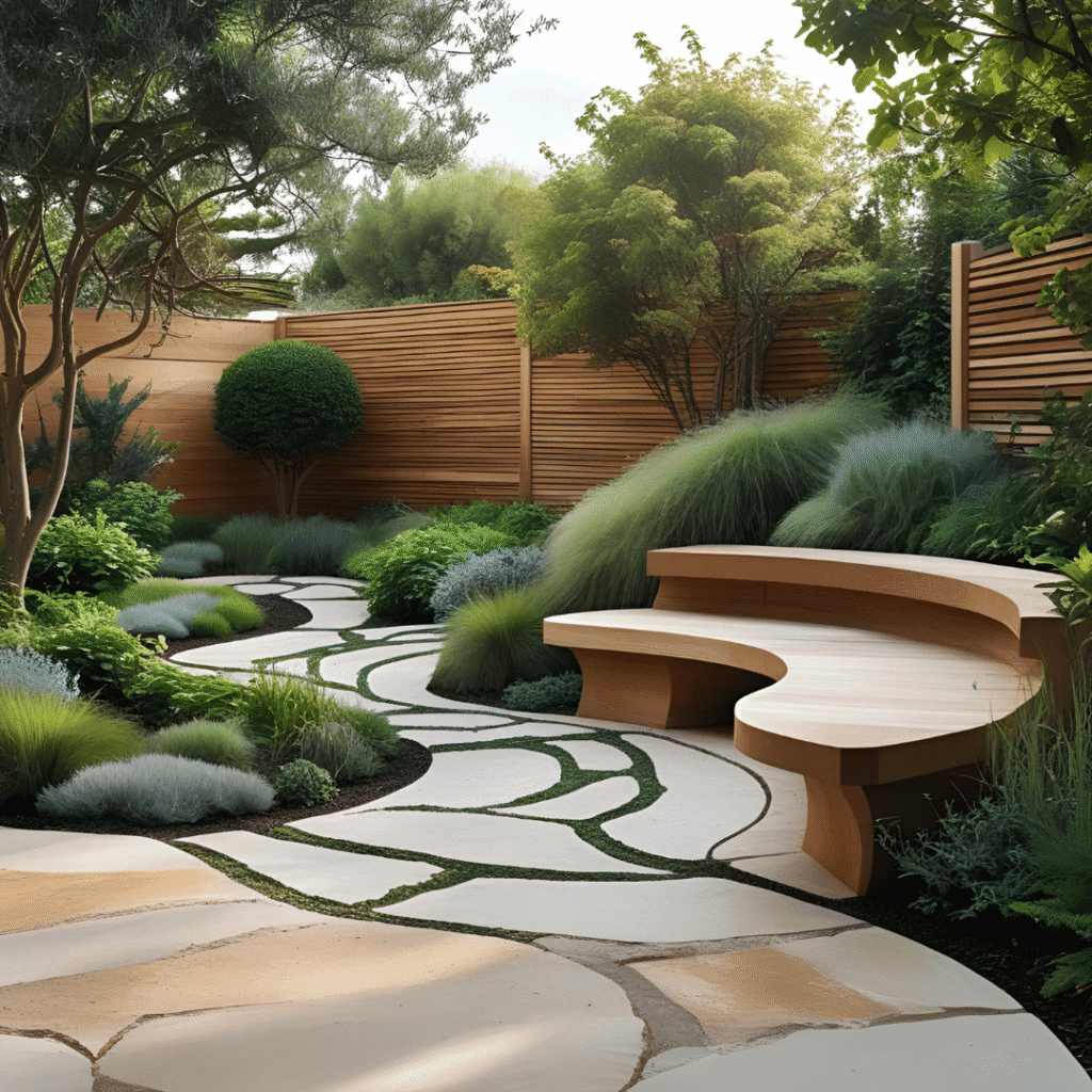 Camino de piedra con banco curvado y setos, ideal para crear un espacio de descanso y naturaleza