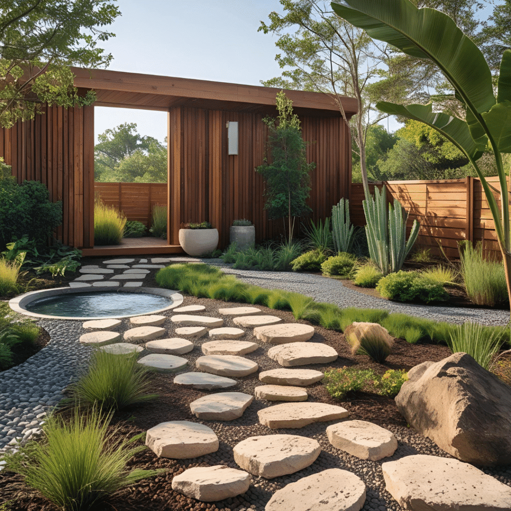 Camino de piedras y estructura de madera en jardín con plantas y estanque, combinando naturaleza y diseño