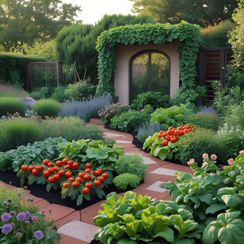 Camino rodeado de plantas, tomates y flores, con puerta de madera al fondo, creando un espacio natural y productivo