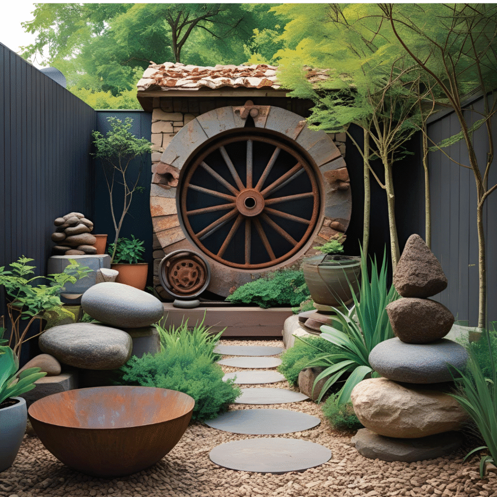 Jardín zen con camino de piedras y rueda de piedra, creando un espacio de tranquilidad y armonía