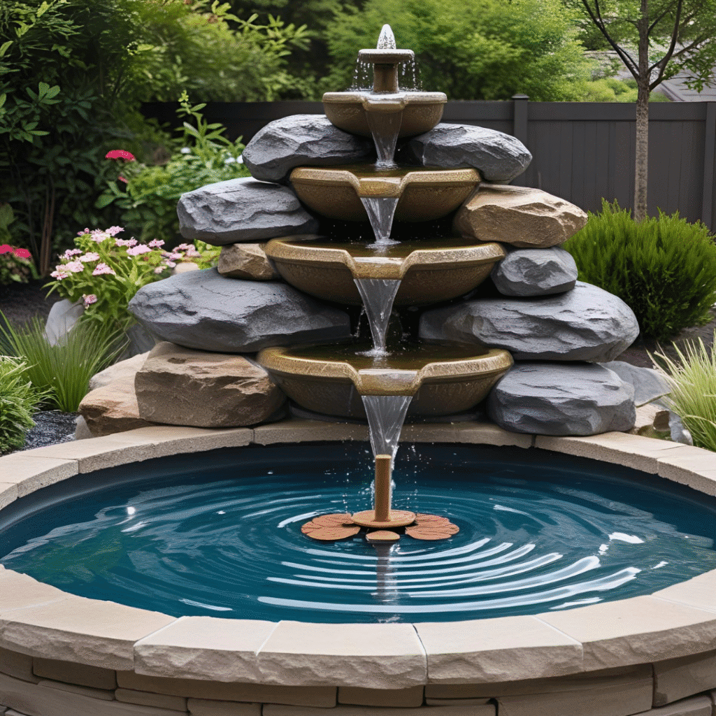 Fuente de piedra y nivel de agua, aportando serenidad y belleza natural al espacio exterior.