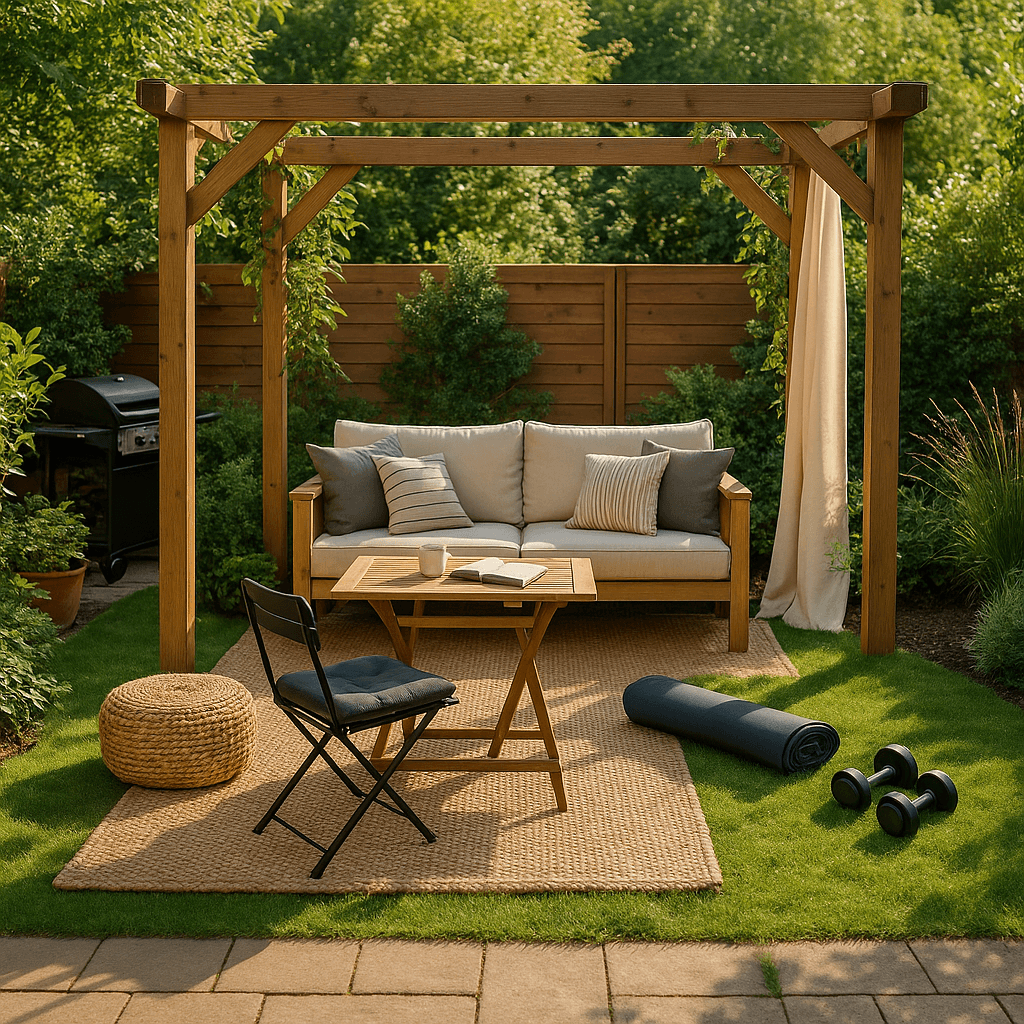 Pérgola de madera, sofá, barbacoa, silla y mancuernas, combinando confort, funcionalidad y estilo al aire libre