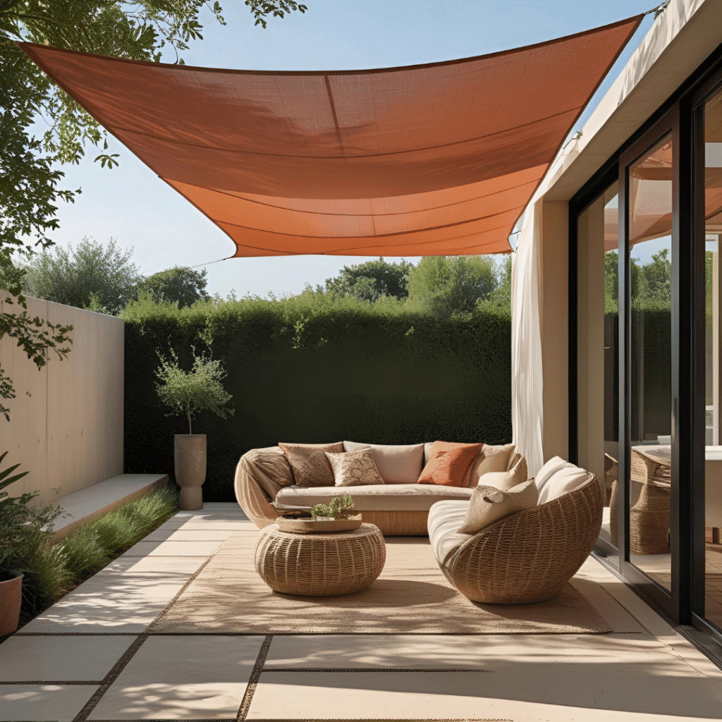 Terraza con muebles de mimbre, pérgola, cojines y vela, creando un espacio acogedor y relajante