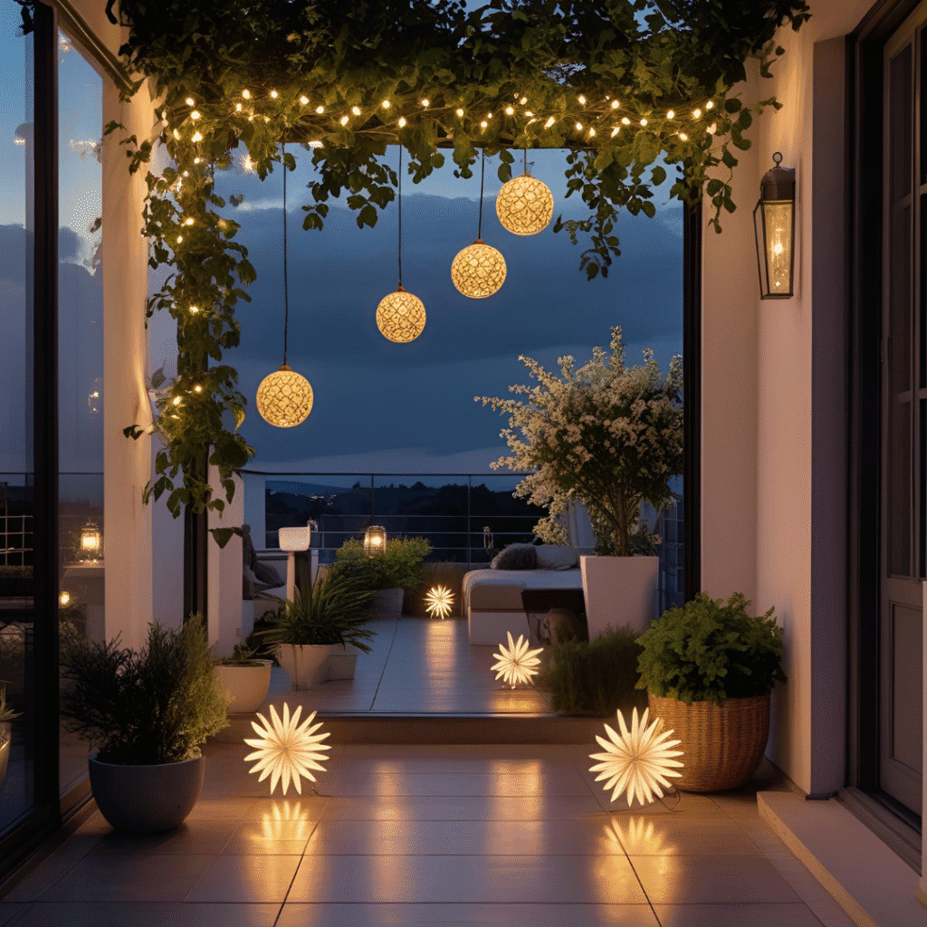 Decoración del jardín de terraza nocturna con luces esféricas y plantas, creando un ambiente cálido y acogedor en el jardín