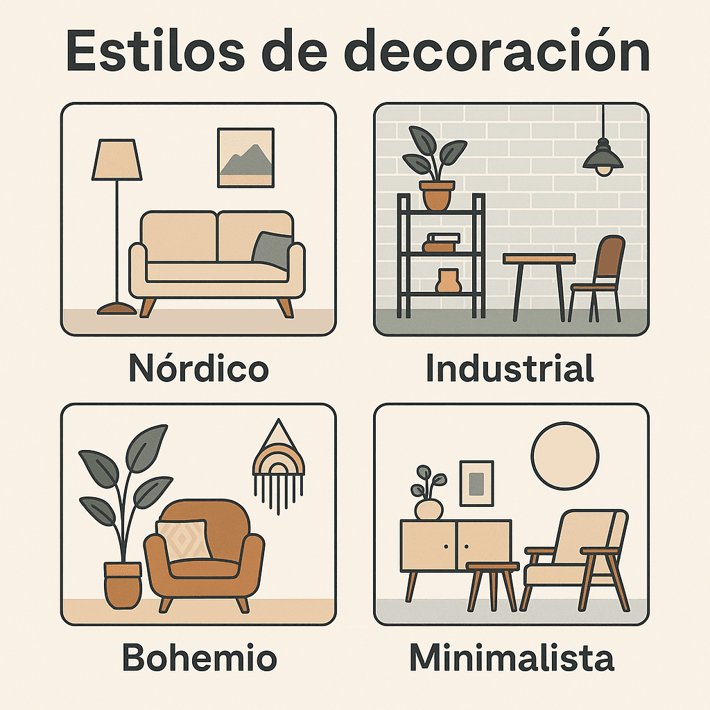 Nórdico con sofá, industrial con estantería, bohemio con sillón y minimalista con mueble