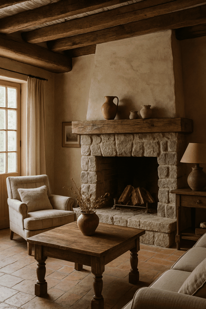 Sala de estar con chimenea de piedra, techo con vigas de madera y mobiliario en tonos neutros