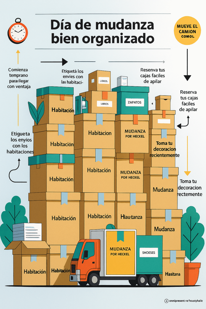 Ilustración con cajas etiquetadas y consejos para organizar un día de mudanza eficiente