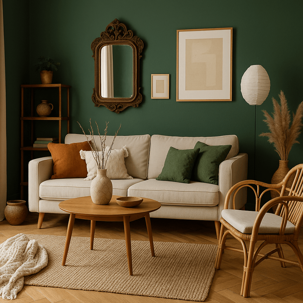 Salón con pared verde, sofá beige con cojines, mesa redonda de madera, silla de mimbre y decoración natural