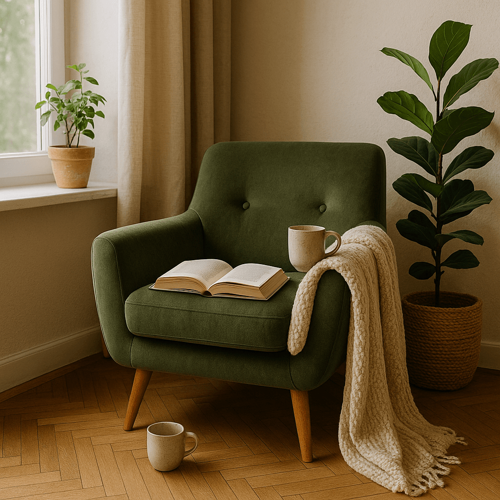 Sillón verde con manta beige, libro abierto y dos tazas junto a plantas y ventana que define mucho los tipos de decoración