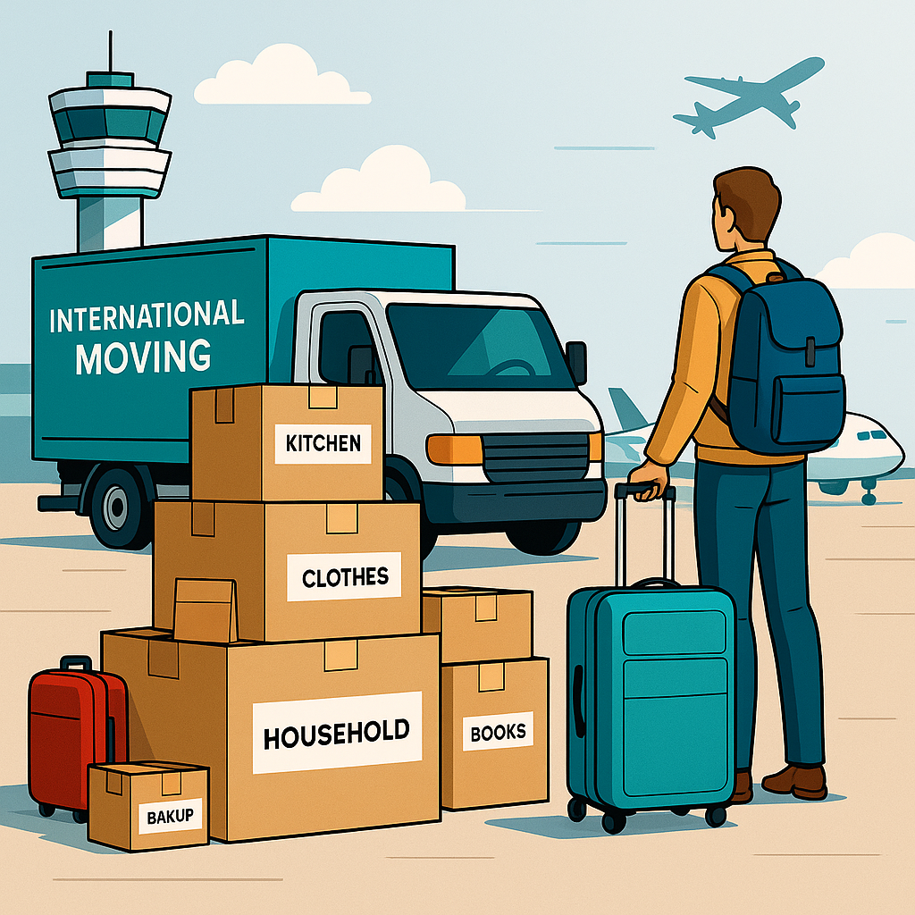 Tipos de mudanzas internacionales con cajas listas para el transporte aéreo en aeropuerto, asegurando un traslado eficiente