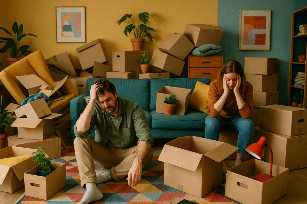 Pareja enfrentando el caos de una mudanza, rodeada de cajas y desorden, reflejando el desafío del cambio de hogar