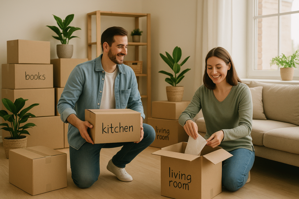 Pareja organizando cajas en una sala luminosa durante su mudanza, simbolizando orden y nuevos comienzos en el hogar
