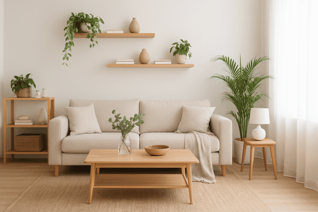 Inspiración para decorar una sala de estar organizada y armoniosa Sala de estar minimalista decorada con plantas, muebles de madera clara y luz natural
