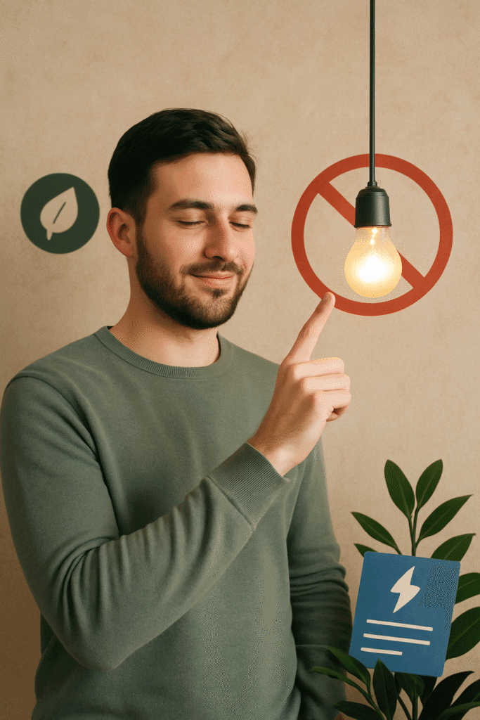 Hombre sonriente apagando una bombilla para ahorrar energía en el hogar
