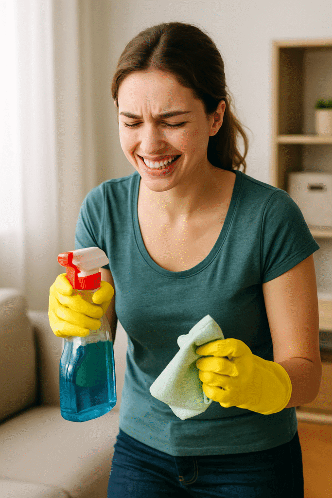 Mujer con guantes amarillos limpiando su hogar con una expresión entre sonrisa y cansancio haciendo referencia a trucos para casa