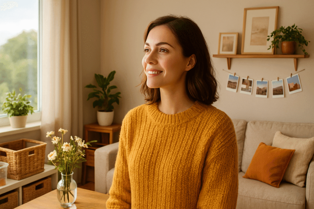 Joven mujer sonriente en salón acogedor con decoración cálida y detalles emocionales