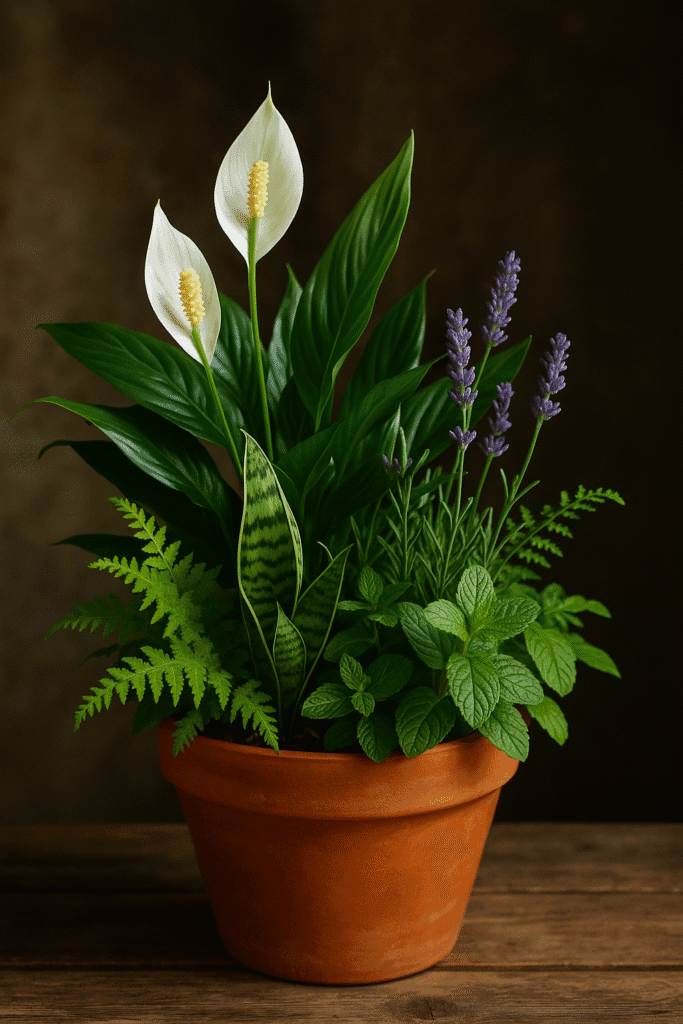 Maceta de terracota con plantas purificadoras como el espatifilo, lavanda, helecho, menta y sansevieria, en un ambiente cálido y acogedor de interior