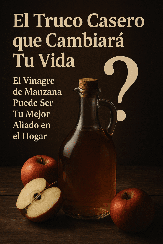 Botella de vinagre de manzana rodeada de manzanas frescas sobre fondo rústico con mensaje intrigante sobre un truco casero revolucionario en referencia a trucos para casa