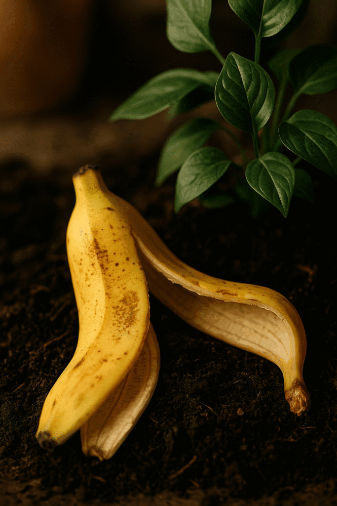 Cáscara de plátano sobre tierra junto a una planta verde, usada como abono natural