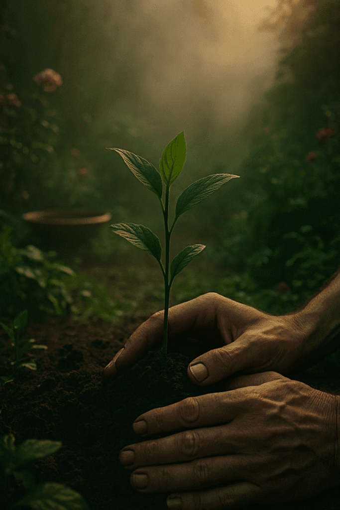 Manos humanas acariciando la tierra mientras plantan una pequeña planta incentivando los trucos para el jardín al amanecer