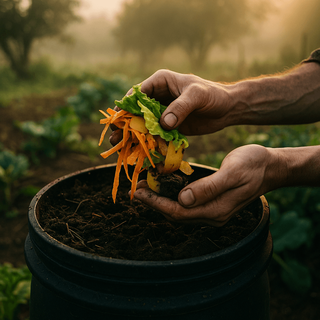 Manos colocando restos de vegetales frescos en un compostador de jardín al amanecer, con fondo natural difuminado