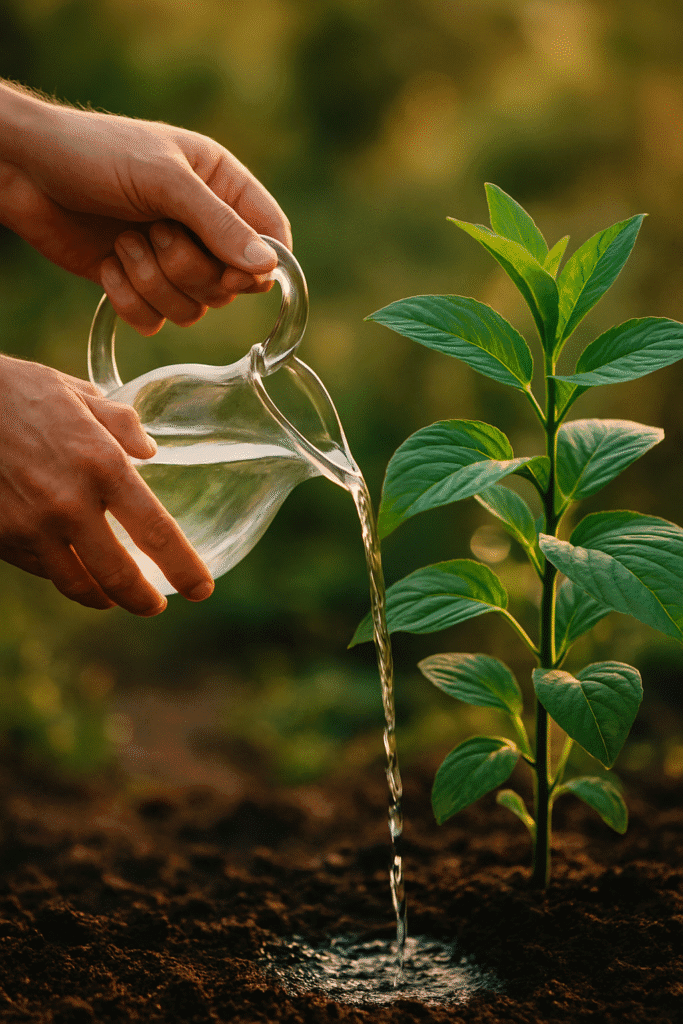 Manos regando una planta con jarra de vidrio en un jardín al atardecer, simbolizando riego inteligente y sostenibilidad y trucos para el jardín