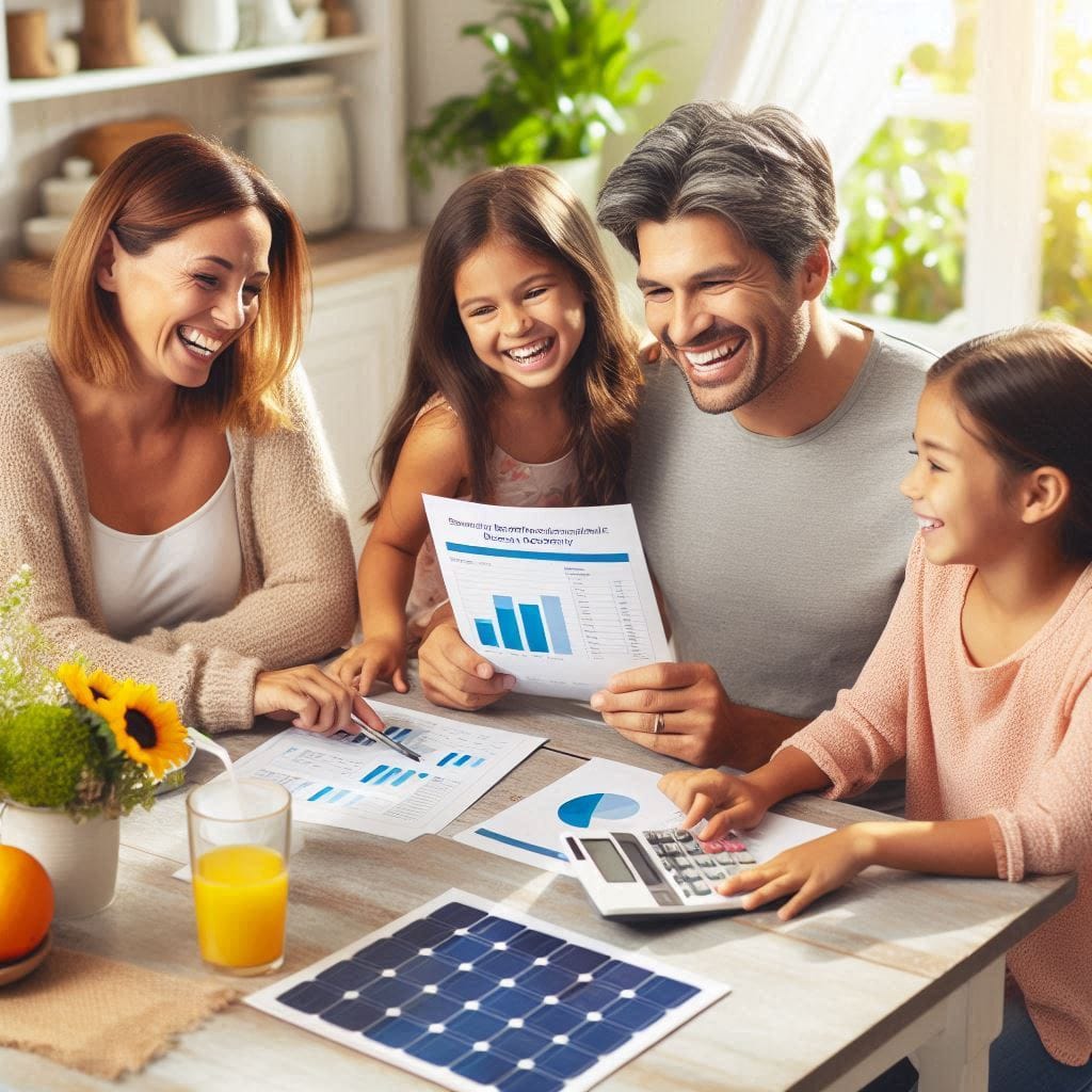 Ahorra energía en casa: tips para reducir la factura de la luz Familia feliz en casa celebrando el ahorrar energía en el hogar en la factura de la luz