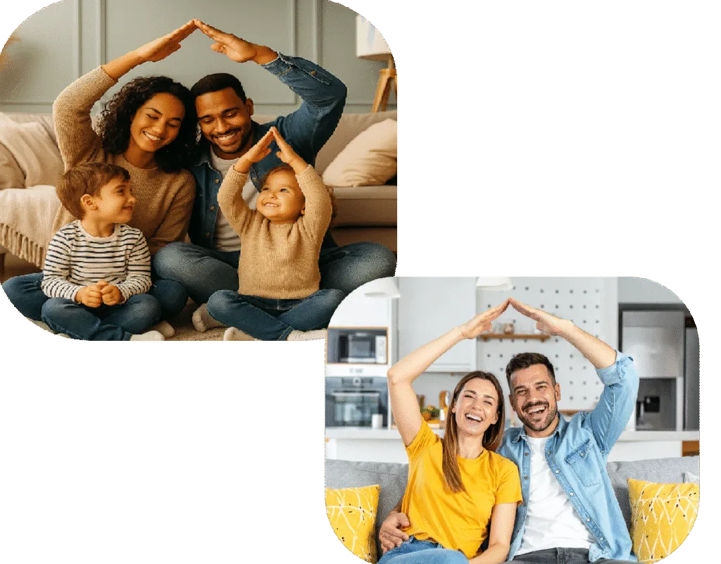 Familia de cuatro en sala y pareja en cocina, ambos haciendo forma de techo con las manos