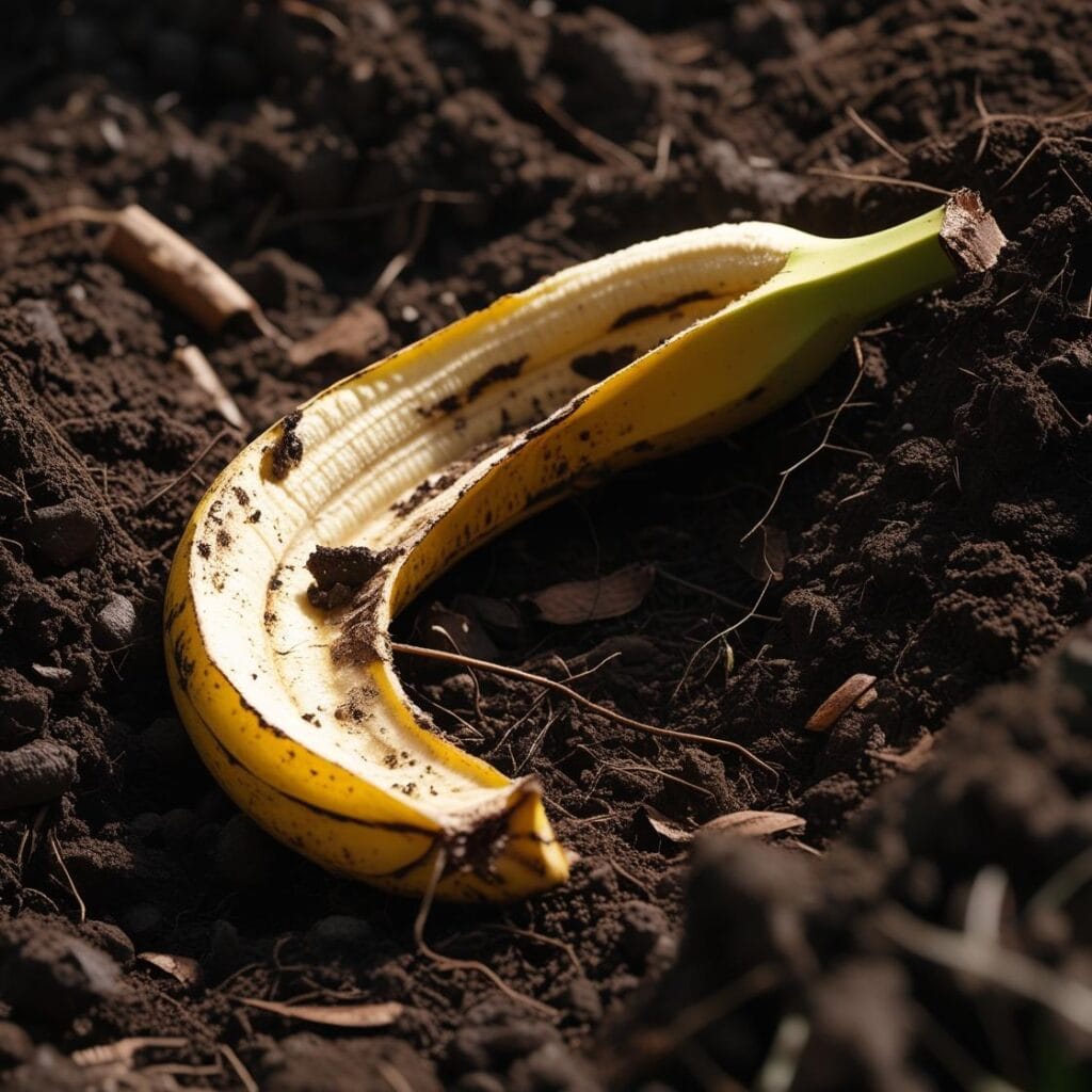 Cáscaras de plátano enterradas en tierra de jardín como abono casero para plantas