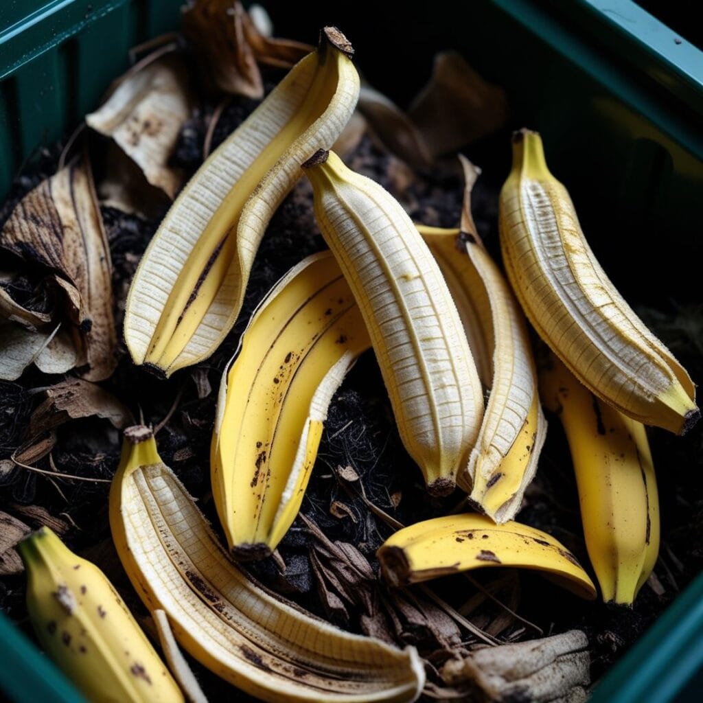 Trozos de cáscara de plátano en compostera casera para enriquecer el compost y nutrir el jardín