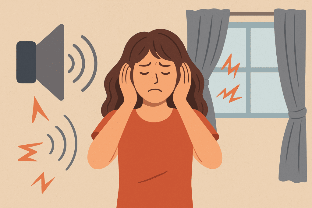 Mujer tapándose los oídos en casa por ruidos molestos del exterior y vecinos, representación de soluciones de aislamiento acústico