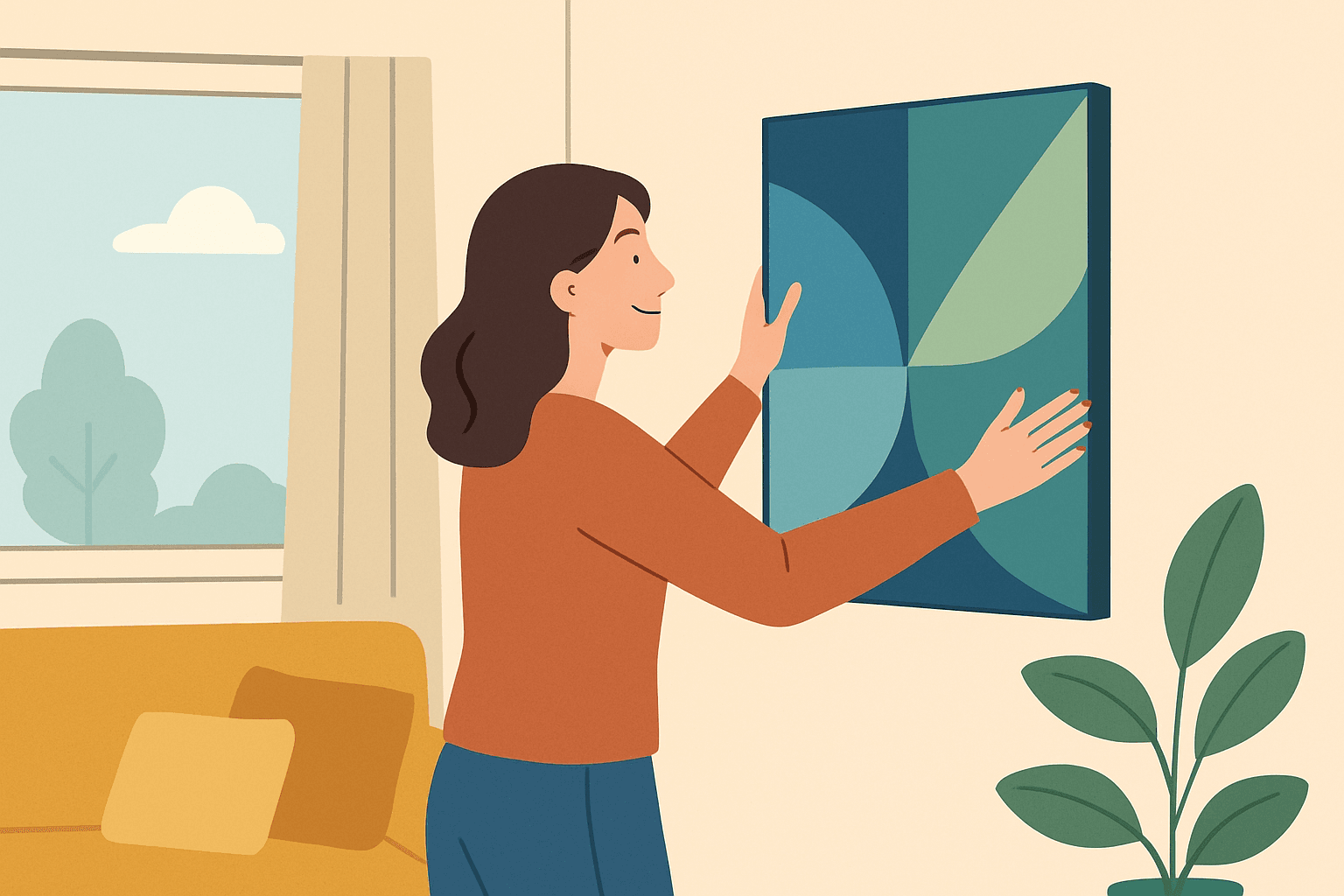 Mujer instalando panel acústico decorativo en la pared del salón para aislar ruidos y reducir ecos en casa