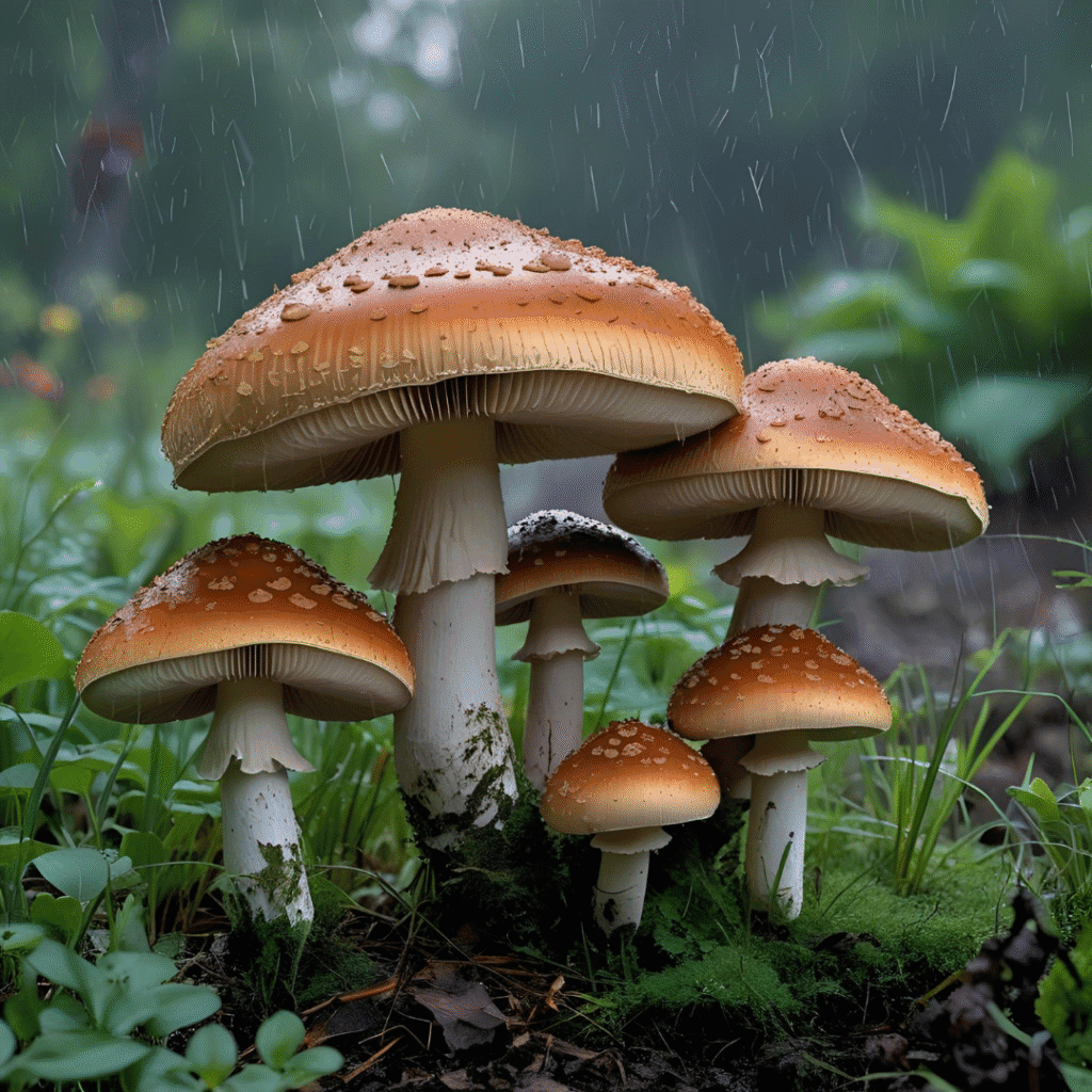 Grupo de setas de color marrón y naranja con tallos blancos en un jardín verde y húmedo después de una lluvia intensa