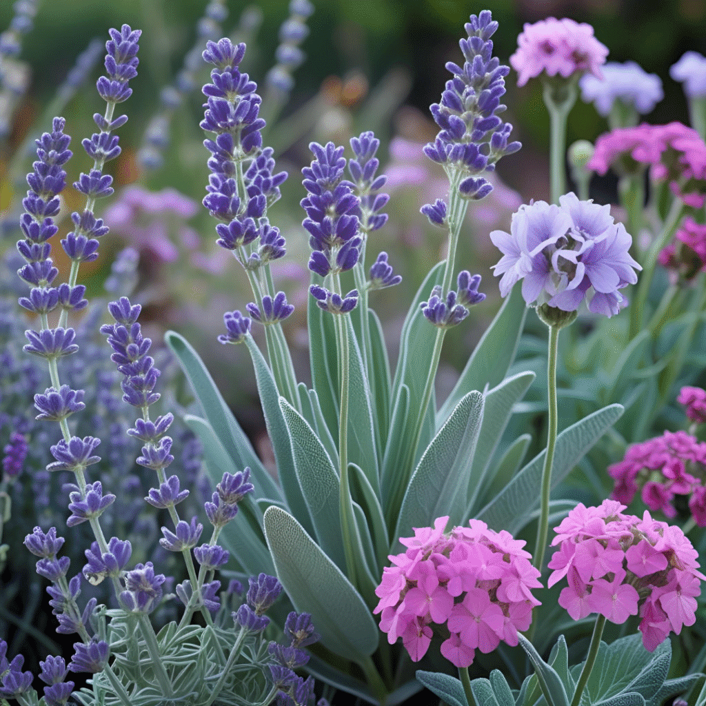 Lavanda (flores moradas en espiga), salvia (hojas plateadas) y geranios (flores rosas) creciendo juntos en un jardín y haciendo referencia a cómo evitar hongos en el jardín