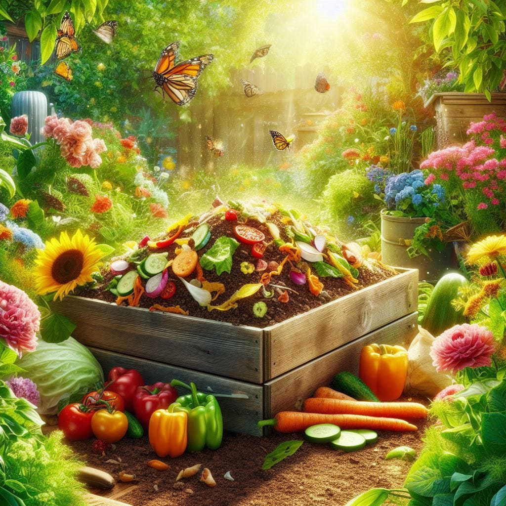 Compost casero con restos de fruta y verdura, plantas saludables y mariposas en el jardín