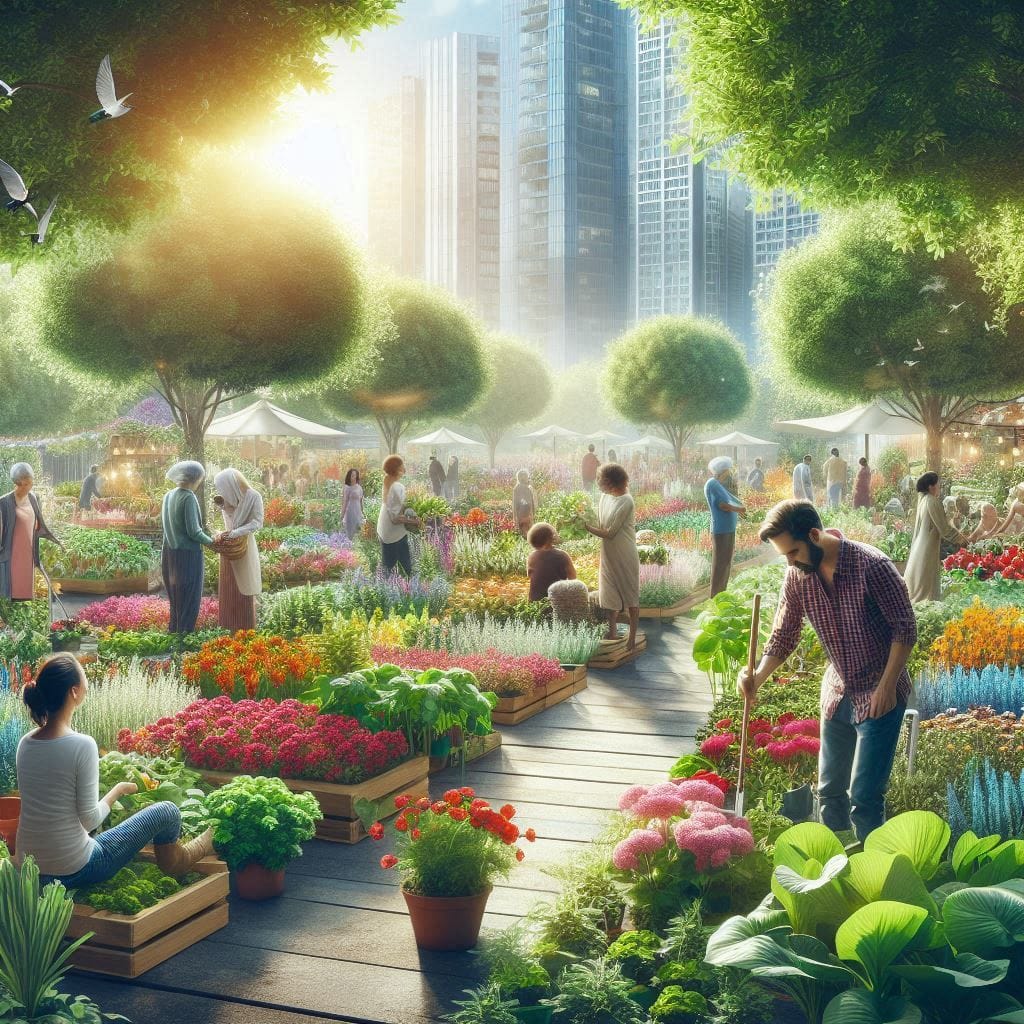 Personas trabajando en compost en huerto urbano con plantas, árboles y flores en un entorno verde comunitario