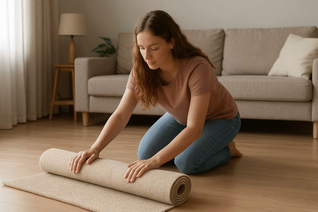 Persona enrollando una alfombra en una sala moderna para el confort térmico en el hogar