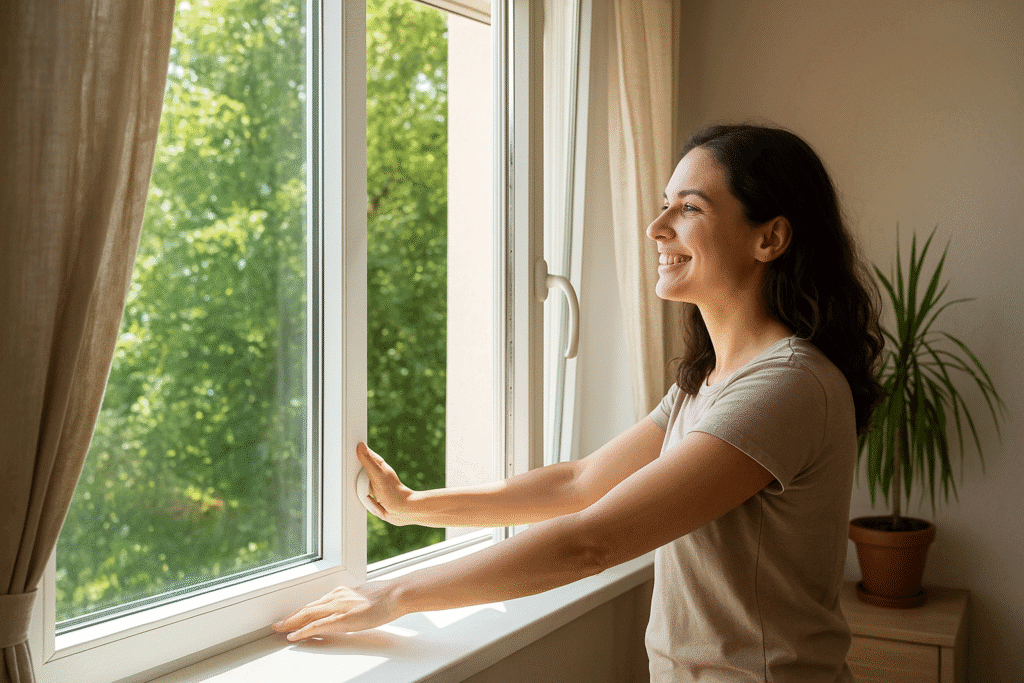 Mujer abriendo ventana por la noche para enfriar su habitación siguiendo el truco alemán en verano