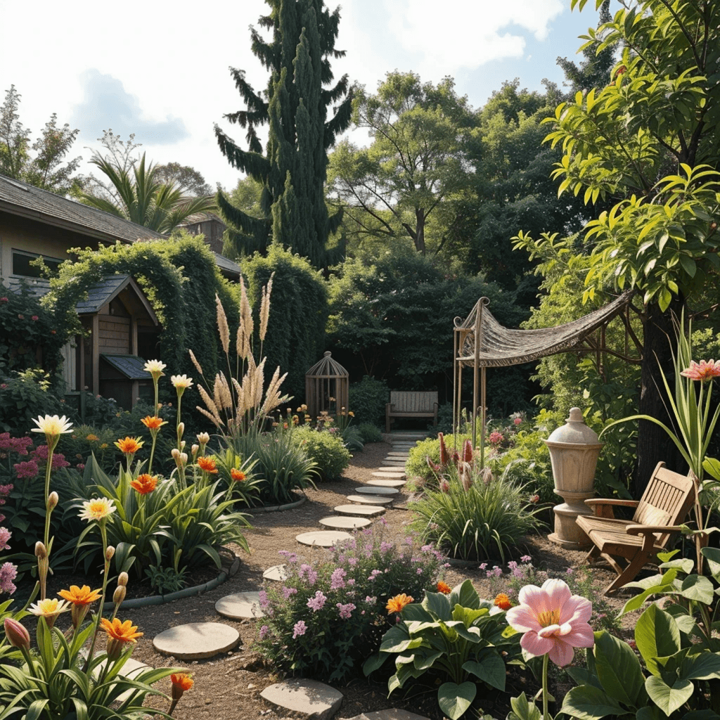 Camino de piedras en un jardín exuberante con flores de colores, bancos de madera y un pérgola de metal