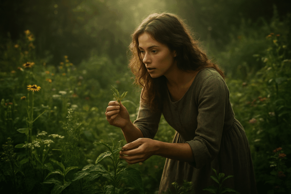 Mujer joven con vestido marrón recogiendo y examinando una hoja en un prado verde con flores silvestres, bajo luz natural serena