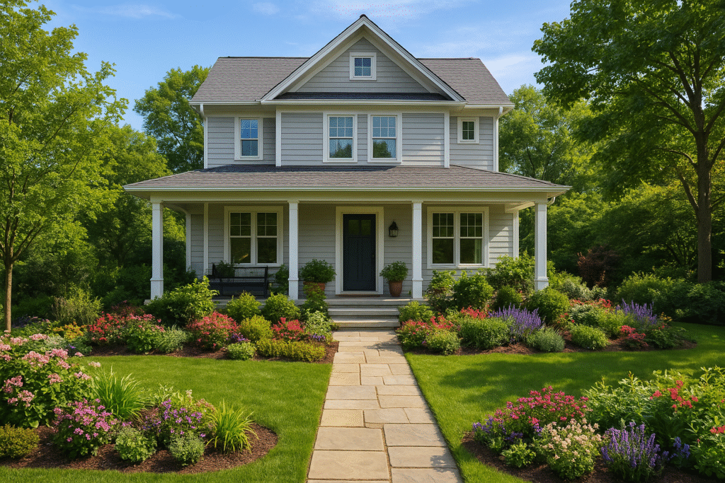 Casa con jardín decorado con flores y plantas coloridas, ejemplo de decoración de casa y jardín acogedora