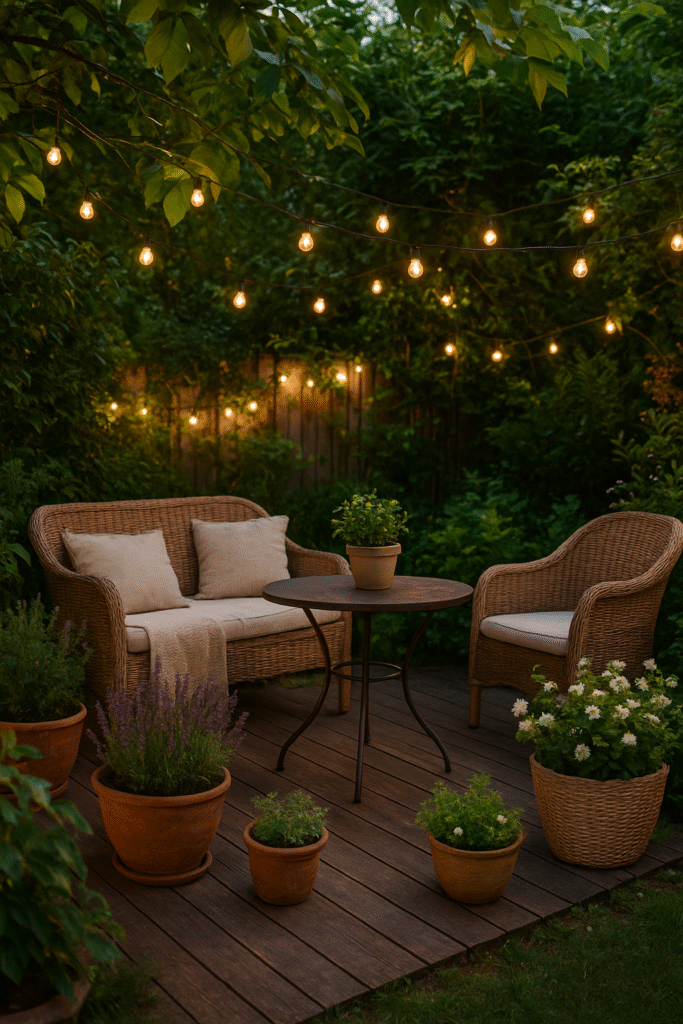 Terraza con muebles de exterior de fibras naturales, plantas aromáticas y guirnaldas de luz, ejemplo de jardín y exterior como refugio natural