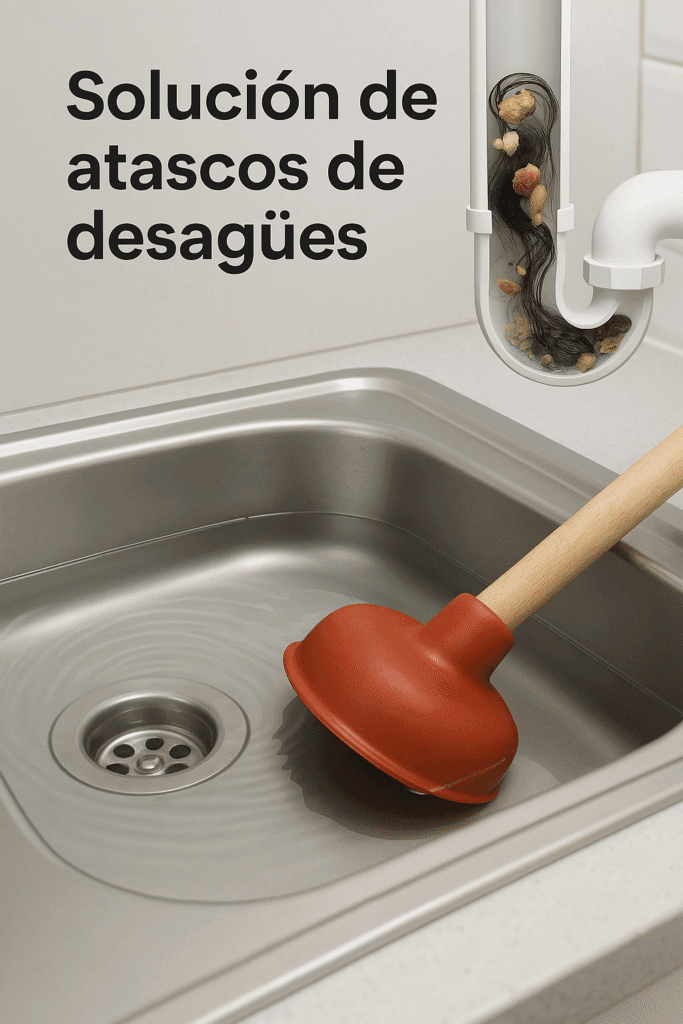 Cómo solucionar atascos en los desagües del hogar de forma eficaz Fregadero con agua estancada y desatascador manual, junto a una sección de tubería bloqueada con restos de cabello y grasa