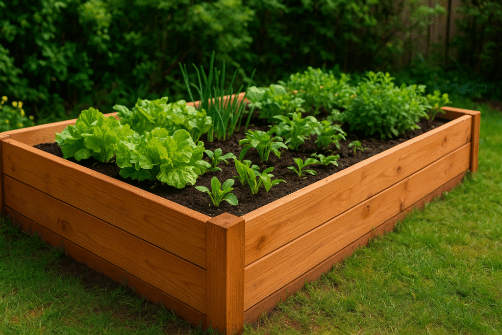 Bancal elevado de madera con plantas de lechuga, cebollas y hierbas frescas en un jardín verde