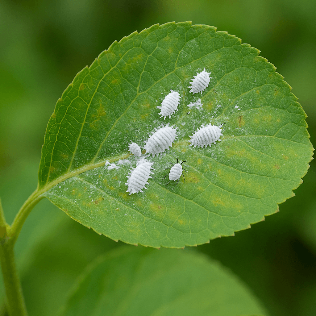 Primer plano de una hoja verde infestada por cochinillas blancas tipo algodón, mostrando daños visibles causados por la plaga