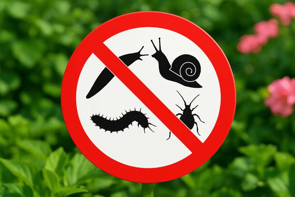 Señal de prohibido con siluetas de insectos de jardín como babosa, caracol, pulgón y oruga sobre fondo verde de plantas para eliminar plagas del jardín