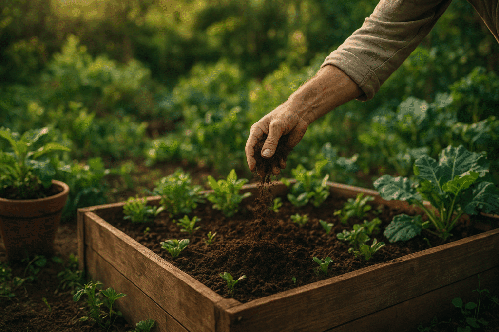 Mano de jardinero esparciendo tierra en un huerto elevado con plantas verdes en crecimiento