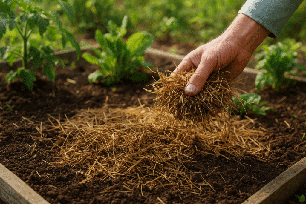 Jardinero aplicando paja como mulch sobre la tierra de un huerto para conservar la humedad y proteger el suelo