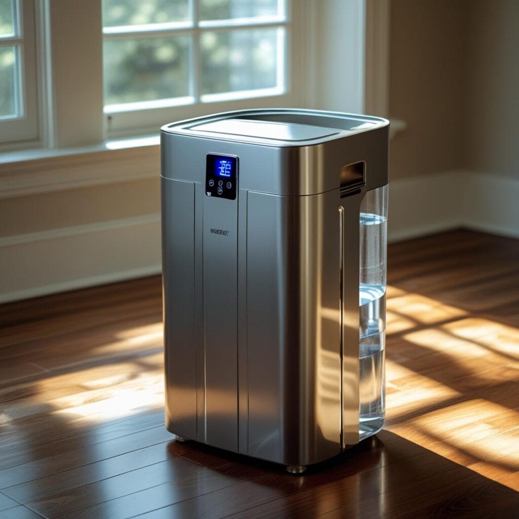 Deshumidificador encendido junto a ventana con gotitas de condensación y pared de madera en ambiente húmedo